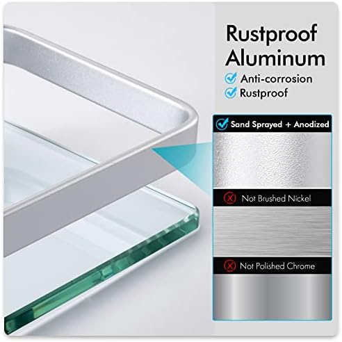 KES Glass Shelves for Bathroom, Floating Tempered Glass Shelves 14 Inch | Aluminum Extra Thick 2 Pack Rectangular Storage Organizer Wall Mount Silver