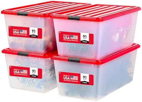 IRIS USA 2-Pack Holiday Ornament Storage Box with Attached Lid, Clear/Red
