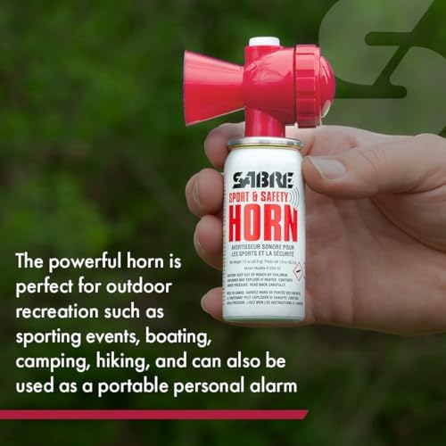 SABRE Sport and Safety Horn, 130 dB Air Horn, 60 ¼ Second or 25 ½ Second Bursts, Audible Up to 1/2-Miles (804-Meters), Perfect for Use at Sporting Events, Boating, Camping, Hiking