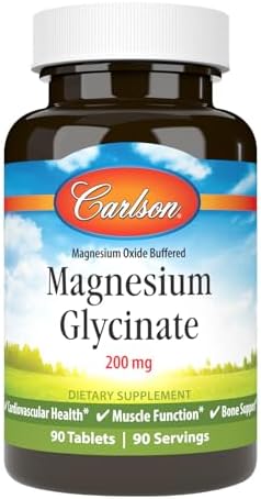 Carlson Chelated Magnesium Glycinate, 200 mg, Muscle Function, 180 Tablets | Superior Absorption; Bone Support