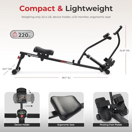 Sunny Health & Fitness Compact Hydraulic Rower with 12-Level Resistance | Full-Body Cardio, Joint-Friendly, Lightweight & Portable, Quiet & Smooth Ride, Easy-Assembly, Free SunnyFit App