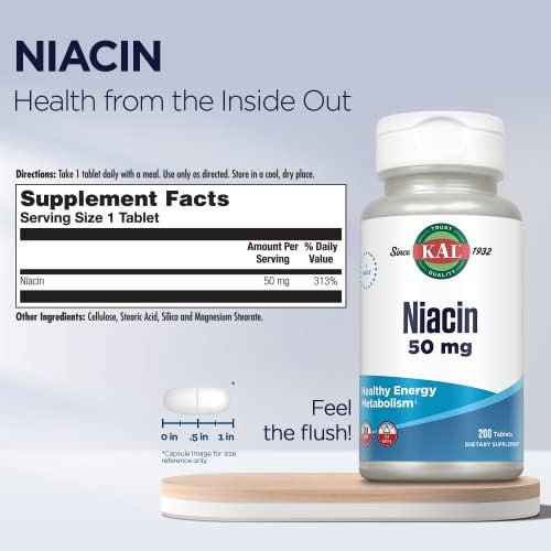 Kal 50 Mg Niacin Tablets, 200 Count | Healthy Metabolism, Skin, Nerve & Digestive Support - Vitamin B3 - 200 Servings - Vegetarian, Lab Verified