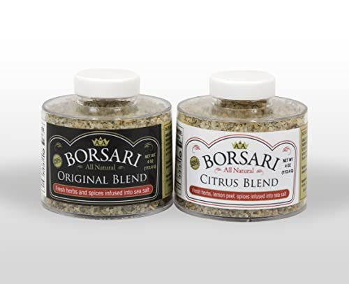 Borsari Seasoned Salt Combo - Multi-Use All Purpose Original and Orange Ginger Seasonings - Gourmet Sea Salt Blends With Herbs and Spices - Set of 2, 4 oz Shaker Bottles