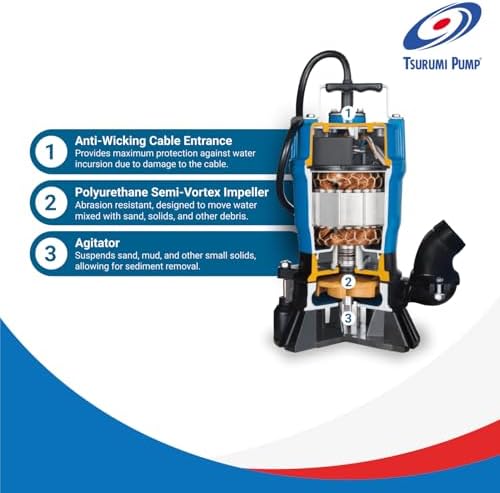 Tsurumi Pump HS2.4S Submersible Trash Pump with Agitator 1/2 HP 115V 2 in Discharge Ideal for dewatering applications with sand, solids