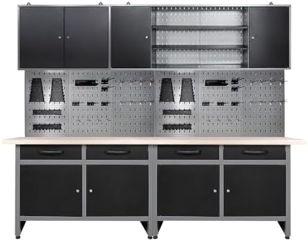 Storage Workbench System Set with Lockable Cabinet, Includes Metal Wall Cabinets Pegboards & Hooks, Wood Worktop for Garage Office Repair Shop