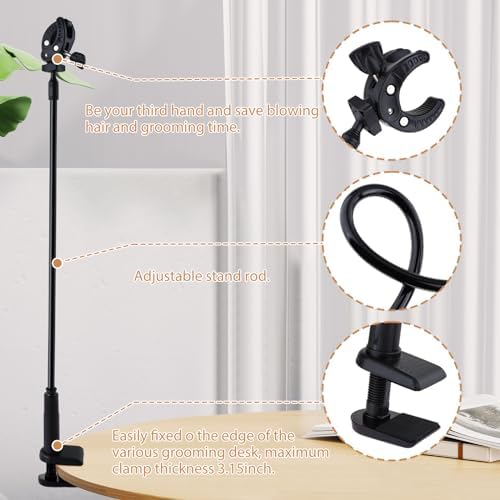 DYNWAVE Dog Hair Dryer Stand, Pet Grooming Table Hair Dryer Holder Hose Tube Holder Hands- Groomers Adjustable Third Arm with Clamp