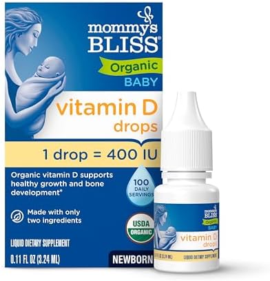 Mommy's Bliss Organic Baby Vitamin D Drops, No Artificial Color, 0.11 Fl Oz | Vitamin D3 that promotes healthy growth and bone development in newborns and up; 100 servings per pack