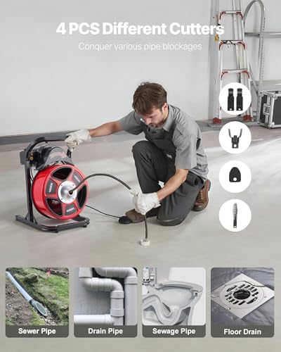 VEVOR Drain Cleaner Machine 50 FT x 1/2 Inch, Manual Feed Sewer Snake Auger with 4 Cutters & Air-Activated Foot Switch for 2" to 6" Pipes