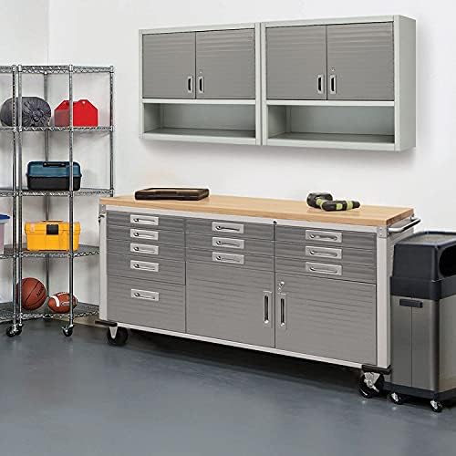 Seville Classics UltraHD Heavy Duty Rolling Cabinet Workbench Table w/Solid Wood Top, Workstation for Garage, Warehouse, Office, Workshop, 77" W x 20" D x 37.5" H, Graphite, 11-Drawer