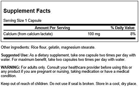 Swanson Calcium Lactate 100MG 100 CAPS | Helps Build and Support Strong Bones, Promotes Gastrointestinal Comfort, Essential for Heart