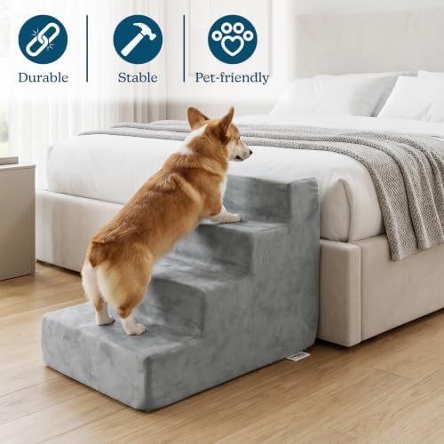 3-Step Pet Stairs - Nonslip Foam Dog and Cat Steps with Removable Zippered Microfiber Cover - 2-Tone Design for Home or Vehicle Use by PETMAKER (Tan) | 3-Step Pet Steps for High Bed and Couch - Pet Stairs with Nonslip Bottom, High-Density Foam, and Remov…