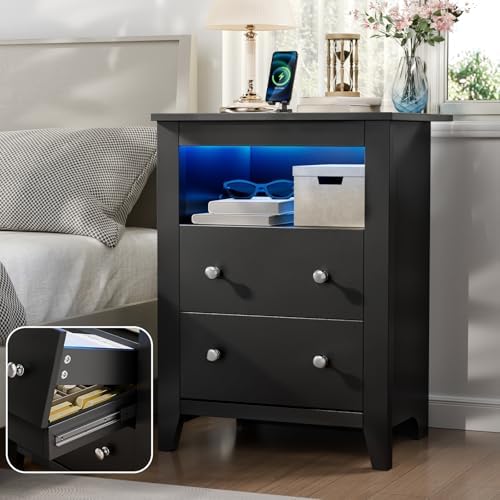 Black Nightstand with Gun Drawer, Night Stand with Charging Station & LED Lights, Bedside Table with Tray & 2 Drawers, End Side Table with Hidden Compartment for Valuables Storage