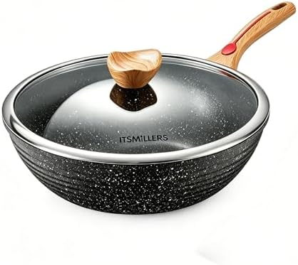 ITSMILLERS Nonstick Wok Aluminium Die-casting Chinese Wok, Scratch Resistant With Lid and Spatula, PFOA-Free, Dishwasher Safe & Induction Bottom