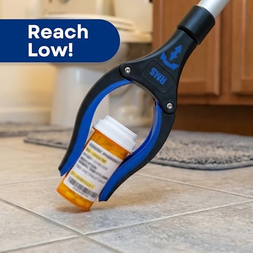 RMS 34 Inch Extra Long Reacher Grabber - Foldable with Rotating Jaw (Blue)