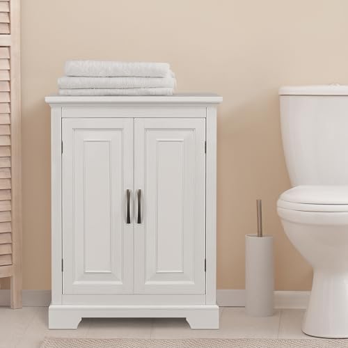 Teamson Home Versailles Wooden Freestanding Floor Storage Cabinet with 2 Adjustable Interior Shelves 3 Storage Spaces and 2 Floral Scroll Doors, White