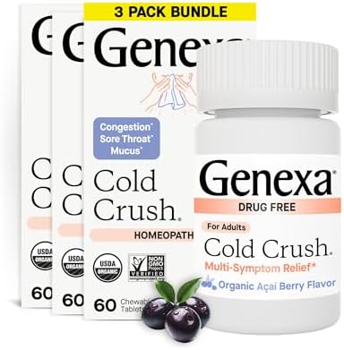 Genexa Cold Crush, Drug Free & Made Clean, 60 Chewable Tablets for Adults | Dye Free, 0% Artificial Additives, Non-GMO, Gluten Free, Homeopathic Cough, Cold, Sore Throat Relief, Acai Berry Flavor
