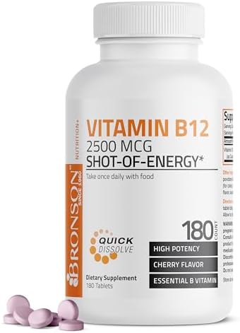 Vitamin B12 2500mcg Shot of Energy Fast Dissolve Chewable Tablets - Quick Release Cherry Flavored Sublingual B12 Vitamin - Supports Nervous System, Healthy Brain Function Energy Production – 90 Count