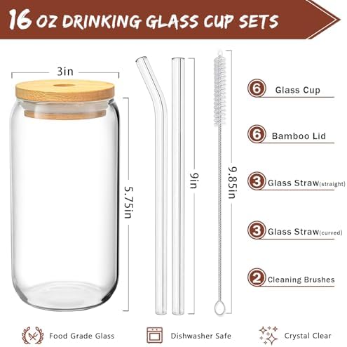 16 Oz Drinking Glasses - 6 Pcs Glass Cups with Bamboo Lids and Straws | Food-grade durable clear tumbler, Coffee bar accessories, Aesthetic gift