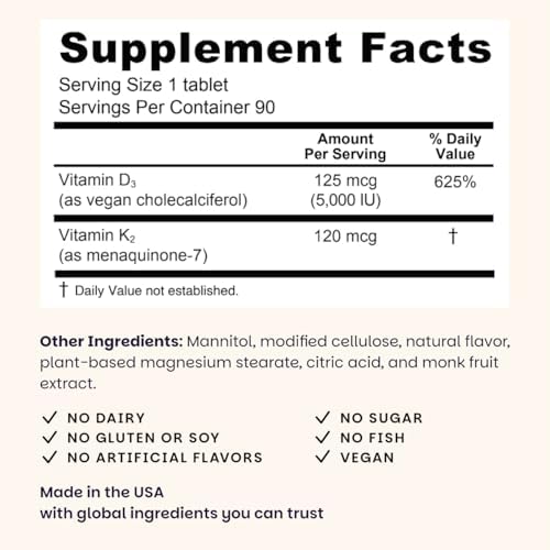 EZ Melts Dissolvable Vitamin D3 5,000 IU - Vegan Vitamin D Supplement for Bone & Teeth Support - No Artificial Flavors - Plant-Based & Non-GMO - Green Apple - 90 Dissolvable Tablets (90 Servings)