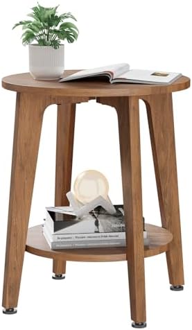 Simple Trending Round Side Table, Small End Table, Nightstand Bedside Table with Tapered Legs, for Living Room, Rustic Walnut
