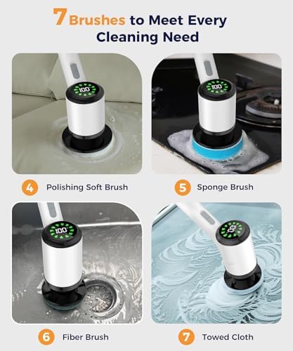 6-in-1 Cordless Electric Spin Scrubber with Long Handle | Power scrubber, bathroom scrubber, 47.2 in long handle, 2 speed scrub brush, IPX7 rated body, kitchen, tile, tub, floor