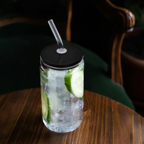 WHEATHUSK 20 Pack Glass Cups with Acrylic Lids and Glass Straws 16oz Iced Coffee Cups Clear Glass Tumbler Can Shaped Drinking Glasses