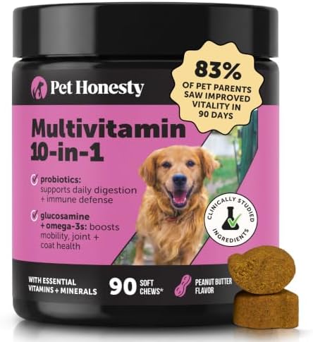 10-in-1 Dog Multivitamin Supplement with Glucosamine & Probiotics - Hip & Joint Support, Digestive Health, Immune Support, Heart & Skin - All-in-One Daily Vitamins & Omega-3s for Dogs, Chicken, 90 Ct