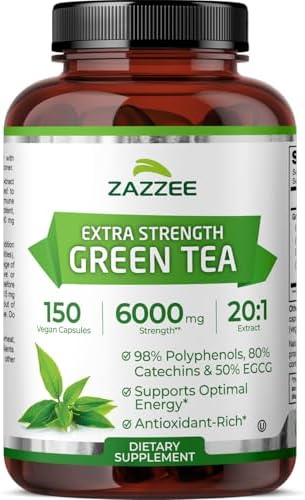 Zazzee Extra Strength Green Tea 20:1 Extract, 50% EGCG, 150 Vegan Capsules | 98% Polyphenols, 80% Catechins, 5 Month Supply, Certified Kosher, Antioxidant & Metabolism Support, Non-GMO, Made in the USA