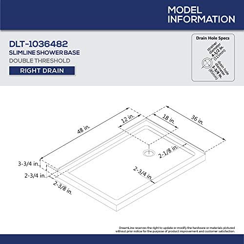 DreamLine SlimLine 36 in. D x 48 in. W x 2 3/4 in. H Right Drain Double Threshold Shower Base in White, DLT-1036482