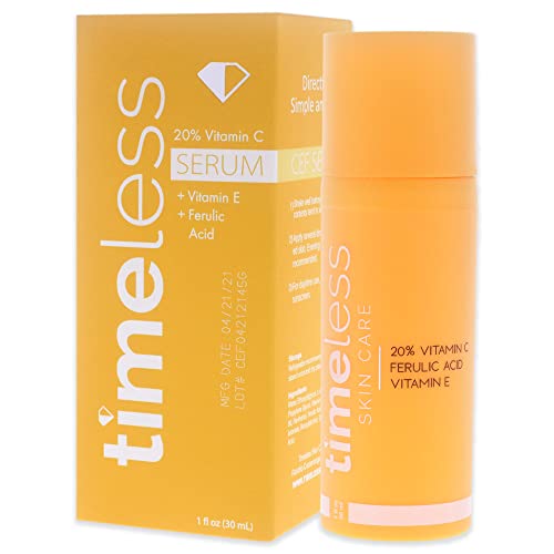 Timeless Skin Care Vitamin C Serum with Vitamin E & Ferulic Acid - Brightening Serum - for Oily & Dry Skin - Fragrance-Free - 1 oz | Vitamin C Serum for Even Skin Tone and Collagen Support, Antioxidant-Rich Advanced Skincare Formula, Lightweight