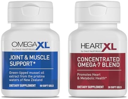 OmegaXL Joint Support Supplement - Natural Muscle Support, Green Lipped Mussel Oil, Soft Gel Pills, Drug-Free, 60 Count + HeartXL 30 Count, High Potency Omega-7 Blend