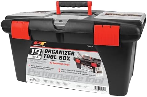 Performance Tool W54026 26 in. Steel Tool Box with Removable Tote | Heavy duty steel storage box and organizer. Recessed ergonomic comfort handle. Strong double latch with padlock eyehole