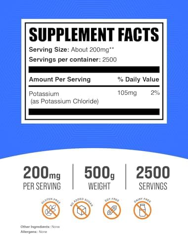 BulkSupplements.com Potassium Chloride Powder - Salt Substitute, Potassium Salt - Gluten Free, 200mg per Serving, 1kg (2.2 lbs) (Pack of 1)