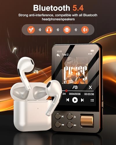 128GB MP3 Player with Bluetooth 5.4, AGXOV Music Player with Built-in HD Speaker, FM Radio, Voice Recorder, HiFi Sound, E-Book, Earphones Included