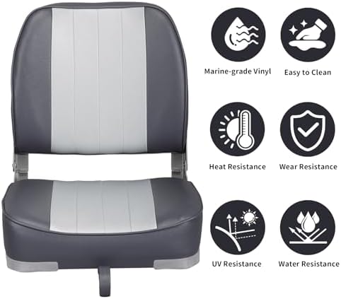 Leader Accessories Classic Low Back Folding Fishing Boat Seat Boat Chairs | Marine Boat Chairs With Thick Cushion, Aluminum Hinge, Use universal 5"x5" Mount, Fits Jon/Bass/Pontoon Boats