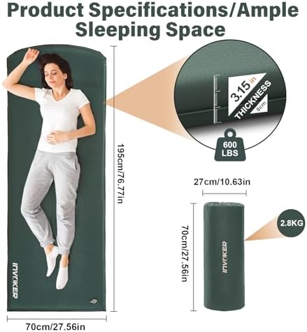 INVOKER Camping Sleeping Pad, Self-Inflating, 75 x 24 x 3.15 in, Green