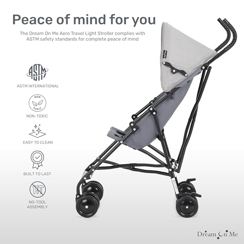 Dream On Me Aero Travel Umbrella Stroller, 1-Hand Fold, Lightweight, Black | 3 Point Safety Harness, Dual Brakes, Adjustable Removable Canopy, Sturdy Steel Frame, Compact, For Toddlers 6-36 months