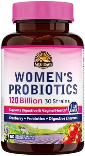 Vitalitown Probiotics for Women 120 Billion CFUs, 30 Strains, with Prebiotics & Digestive Enzymes & Cranberry, Gut & Vaginal Health