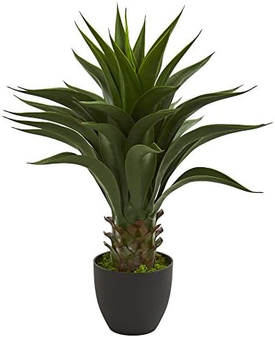 Nearly Natural 28” Agave Artificial Plant, Green | Thick Dark Green Leaves, Realistic Texture Trunk, Nursery Pot Included