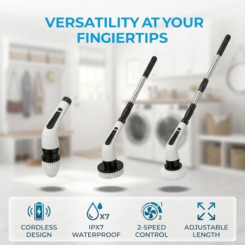 Electric Spin Scrubber - Ditch the Scrubbing! Long Handle Shower Scrubber with 9 Replaceable Heads & 2 Speed Cordless Brush in Modern White!
