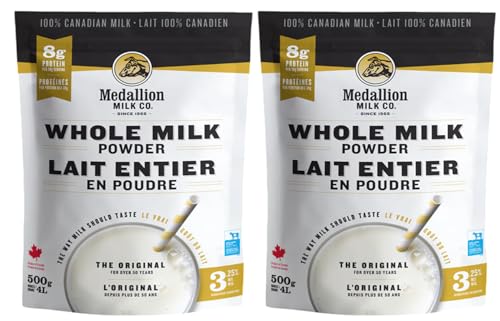 Medallion Brand Whole Milk Powder 500g 2 Pack - Dried Milk from Canada, Free of Antibiotics, No rbST or rBGH