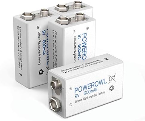 POWEROWL 9V Rechargeable Batteries 600mAh Lithium-ion Low Self Discharge Battery for Smoke Dectector and More 4 Pack