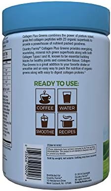 Country Farms Collagen Peptides Powder with Greens Dietary Powder Supplement (Type I, III) for Skin Hair Nail and Joints, Dairy/Sugar Free, Energizing Superfoods, Natural, 10.6 Oz 30 Servings