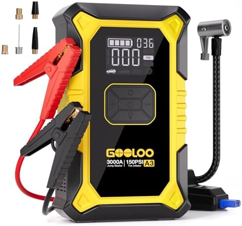 GOOLOO A3 12V 3000A Portable Jump Starter with Air Compressor | Supersafe Car Battery Booster Pack (9L Gas/6.5L Diesel) - BOOST for Dead Battery - 150 PSI Auto-Off Tire Inflator - LED Light