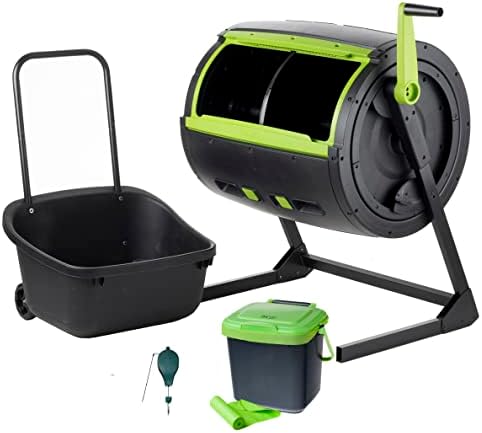 MAZE Two Stage 65 gal Compost Tumbler with Large Double Doors and Open Frame and Comes with Maze Compost Cart, 1.85 Gal Kitchen Caddie Compost Bin
