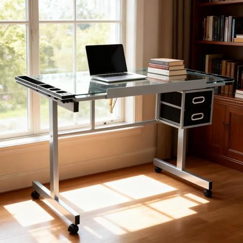 ZENY Drafting Table on Wheels with Storage Drawers, Adjustable Glass Tabletop, Craft Table Drawing Desk Artist Hobby Table for Painting, Drawing