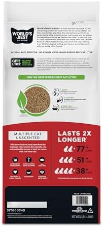 World's Best Cat Litter, Multiple Cat, Unscented, Lasts 2X Longer, 8 lb Bag | Controls tough multi-cat odors and lasts 2x longer; natural corn litter, quick clumping, flushable, 99% dust free