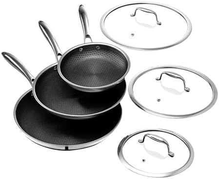 HexClad 6pc Hybrid Nonstick Frying Pans Set with Lids, 8, 10 & 12" Pans | Stay-Cool Handles, Dishwasher and Oven Safe up to 900°F