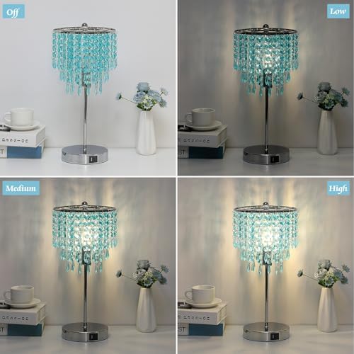 Touch Control Crystal Table Lamp with USB C+A Charging Ports, 3-Way Dimmable Bedside Touch Lamp Decorative Nightstand Lamp with Elegant Lampshade for Living Room Bedroom, B11 LED Bulb Included