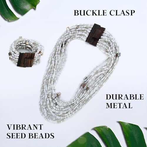 Shop LC Seed Bead Necklace Bracelet Set Boho Jewelry for Women | Multi Layered Boho, Wooden Clasp, 18 Inch Necklace, Stretchable Bracelet